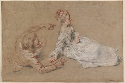 Ein Mann liegend und eine Frau auf dem Boden sitzend von Jean Antoine Watteau